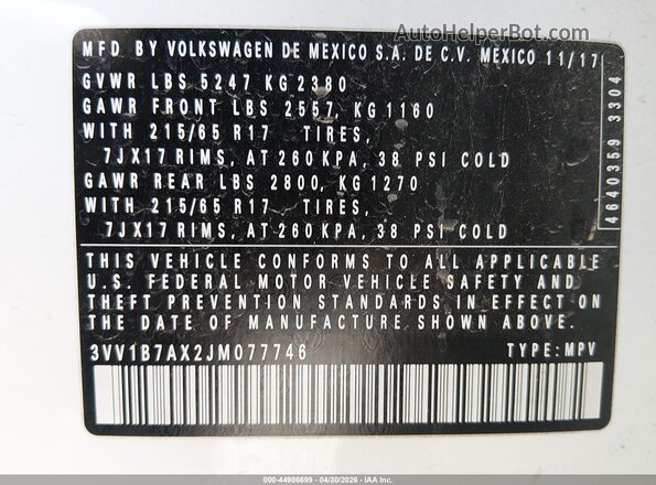 3VV1B7AX2JM077746 2018 VOLKSWAGEN TIGUAN White Вид підкапотного простору