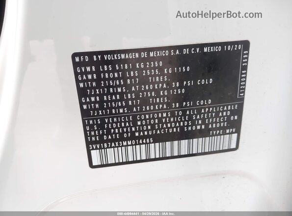 3VV1B7AX3MM014465 2021 VOLKSWAGEN TIGUAN White Widok komory silnika