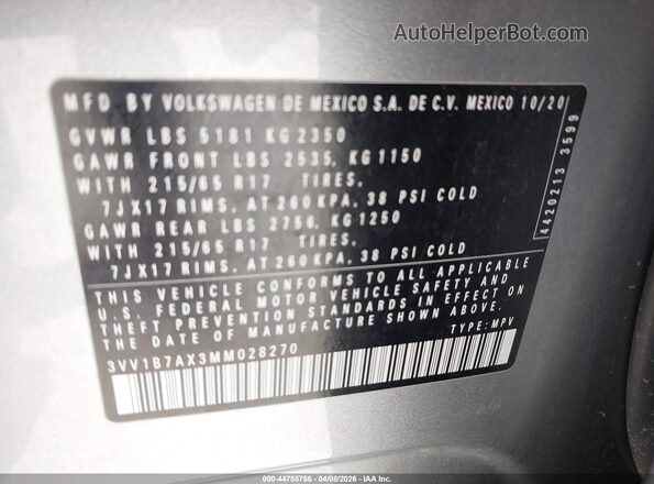 3VV1B7AX3MM028270 2021 VOLKSWAGEN TIGUAN Silver ძრავის განყოფილების ხედი
