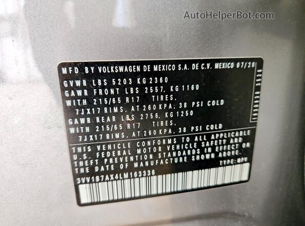 3VV1B7AX4LM163336 2020 VOLKSWAGEN TIGUAN Silver VIN sticker view