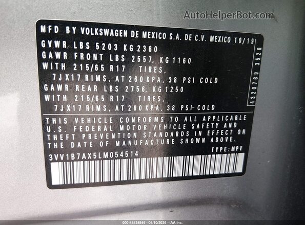 3VV1B7AX5LM054514 2020 VOLKSWAGEN TIGUAN Silver Вид підкапотного простору