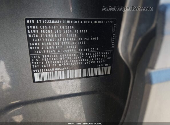 3VV1B7AX6MM054944 2021 VOLKSWAGEN TIGUAN Gray Вид підкапотного простору