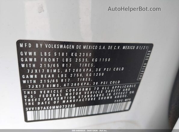 3VV1B7AX6MM073266 2021 VOLKSWAGEN TIGUAN White ძრავის განყოფილების ხედი