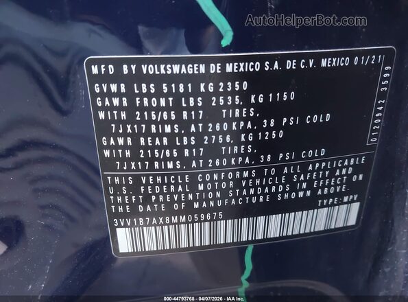 3VV1B7AX8MM059675 2021 VOLKSWAGEN TIGUAN Purple Widok komory silnika