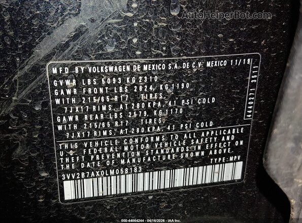 3VV2B7AX0LM058183 2020 VOLKSWAGEN TIGUAN Black Engine compartment view