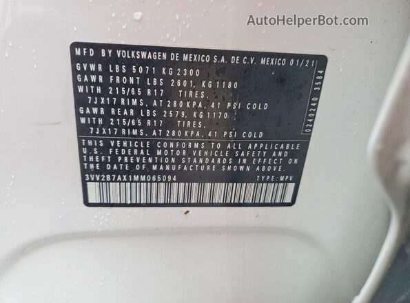 3VV2B7AX1MM065094 2021 VOLKSWAGEN TIGUAN White VIN կոդի պիտակի տեսք