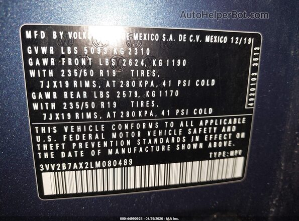 3VV2B7AX2LM080489 2020 VOLKSWAGEN TIGUAN Blue Widok komory silnika