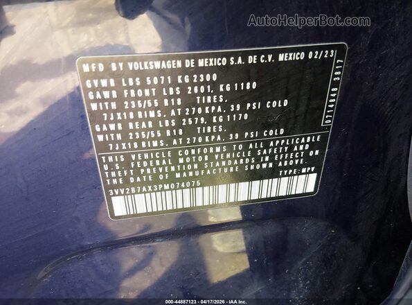 3VV2B7AX3PM074075 2023 VOLKSWAGEN TIGUAN Blue 