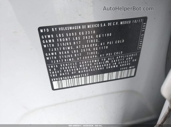 3VV2B7AX4JM067157 2018 VOLKSWAGEN TIGUAN White 