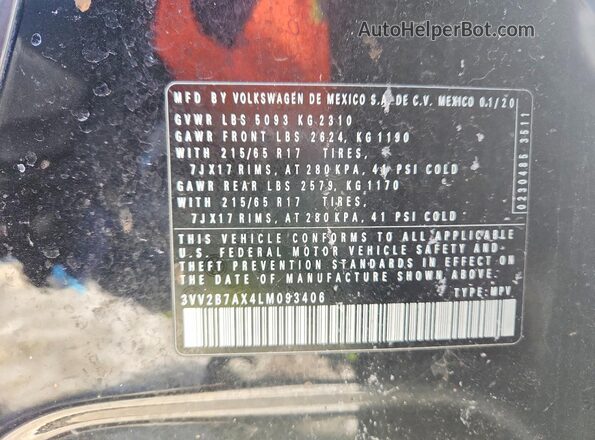 3VV2B7AX4LM093406 2020 VOLKSWAGEN TIGUAN Black VIN կոդի պիտակի տեսք