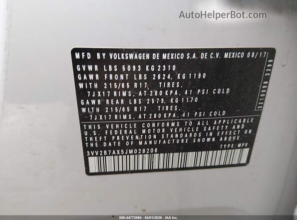 3VV2B7AX5JM028206 2018 VOLKSWAGEN TIGUAN Белый Вид подкапотного пространства