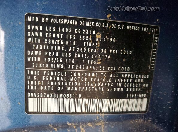 3VV2B7AX6JM066110 2018 VOLKSWAGEN TIGUAN Blue Vista de la etiqueta del VIN