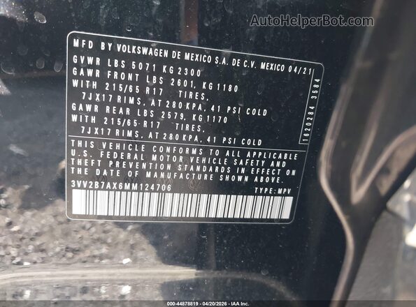 3VV2B7AX6MM124706 2021 VOLKSWAGEN TIGUAN Black 