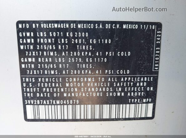 3VV2B7AX7KM045879 2019 VOLKSWAGEN TIGUAN Белый Вид подкапотного пространства
