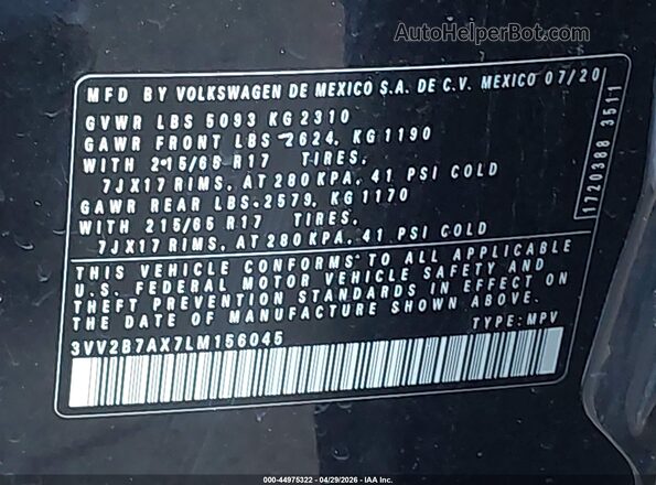 3VV2B7AX7LM156045 2020 VOLKSWAGEN TIGUAN Black Вид підкапотного простору