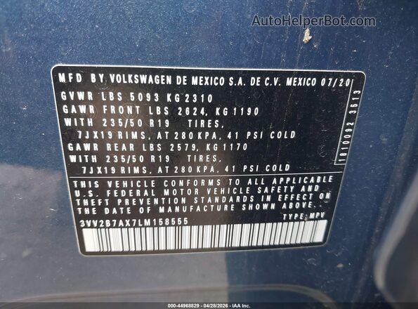 3VV2B7AX7LM158555 2020 VOLKSWAGEN TIGUAN Light Blue Engine compartment view
