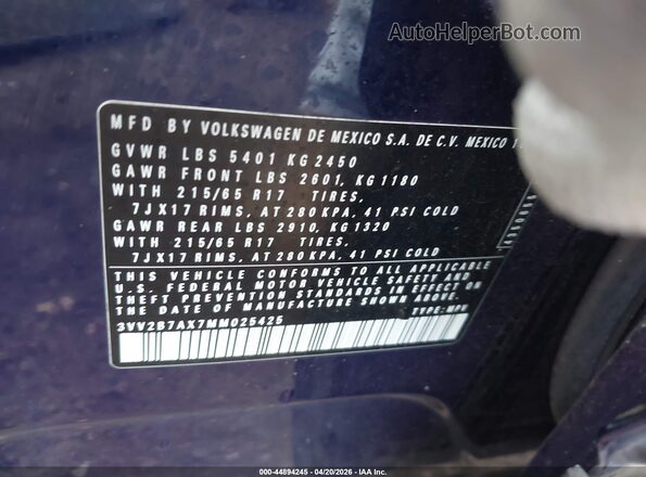 3VV2B7AX7MM025425 2021 VOLKSWAGEN TIGUAN Blue ძრავის განყოფილების ხედი