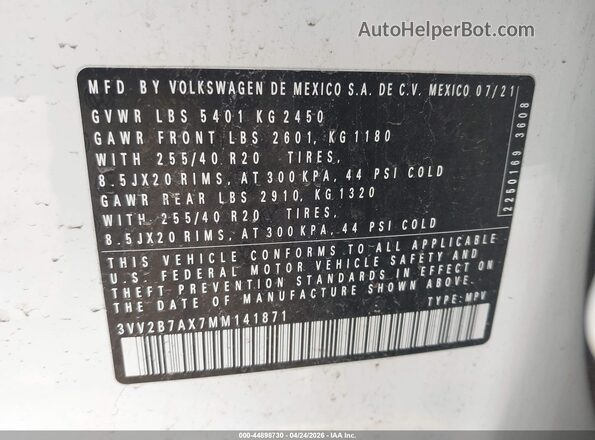 3VV2B7AX7MM141871 2021 VOLKSWAGEN TIGUAN White 