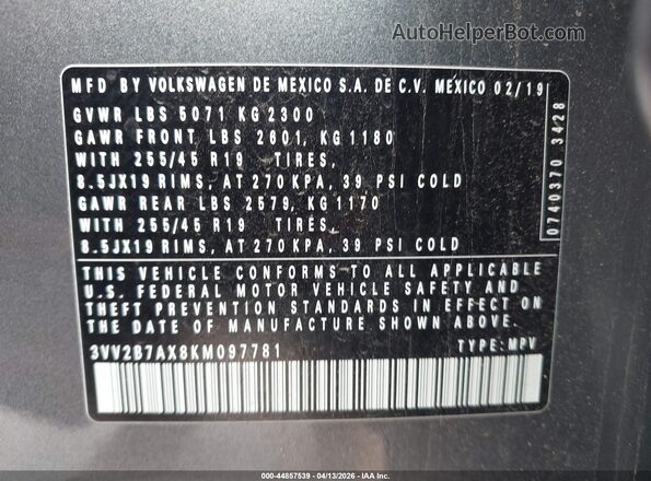 3VV2B7AX8KM097781 2019 VOLKSWAGEN TIGUAN Gray Vista del compartimento del motor