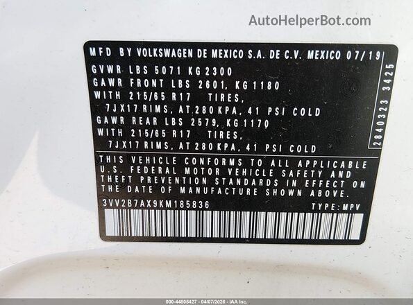 3VV2B7AX9KM185836 2019 VOLKSWAGEN TIGUAN Белый Вид подкапотного пространства