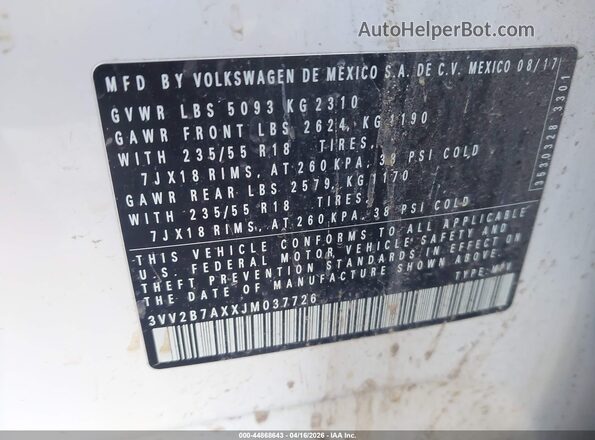 3VV2B7AXXJM037726 2018 VOLKSWAGEN TIGUAN Белый 