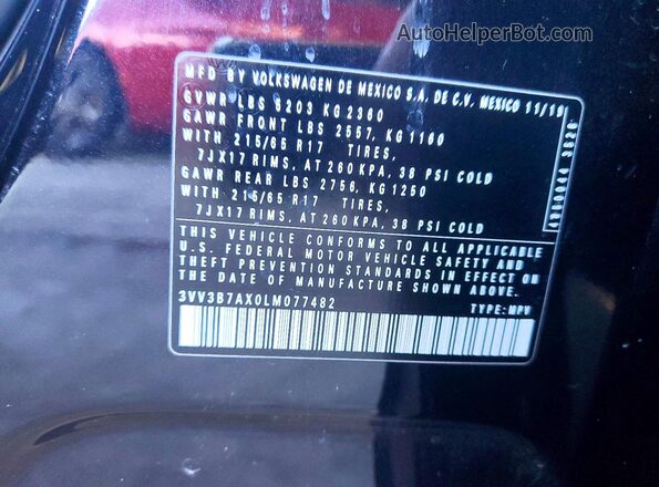 3VV3B7AX0LM077482 2020 VOLKSWAGEN TIGUAN Black Vista de la etiqueta del VIN