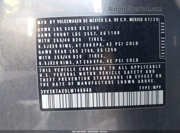 3VV3B7AX0LM146848 2020 VOLKSWAGEN TIGUAN Серый Вид подкапотного пространства