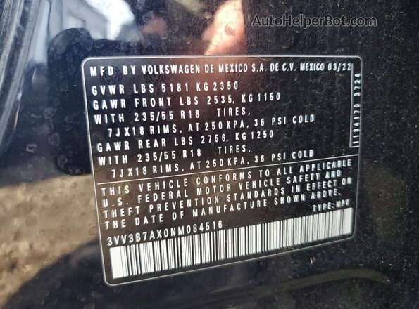 3VV3B7AX0NM084516 2022 VOLKSWAGEN TIGUAN Black Vista de la etiqueta del VIN