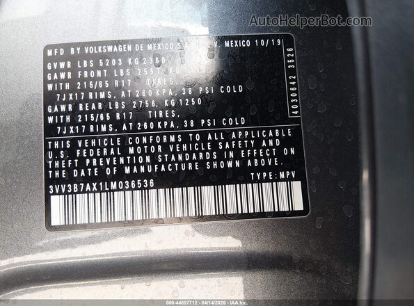 3VV3B7AX1LM036536 2020 VOLKSWAGEN TIGUAN Gray Вид підкапотного простору