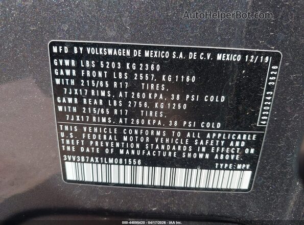 3VV3B7AX1LM081556 2020 VOLKSWAGEN TIGUAN Gray 