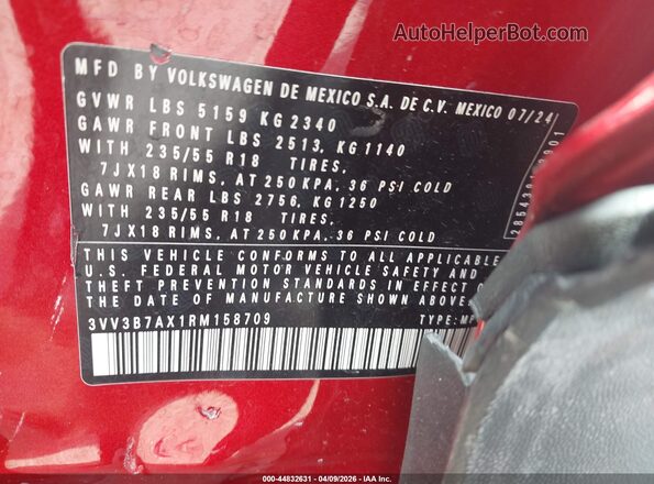 3VV3B7AX1RM158709 2024 VOLKSWAGEN TIGUAN Red 