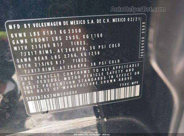3VV3B7AX2MM080644 2021 VOLKSWAGEN TIGUAN Black Engine compartment view