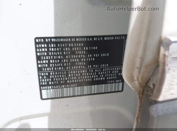 3VV3B7AX3JM161647 2018 VOLKSWAGEN TIGUAN Белый 