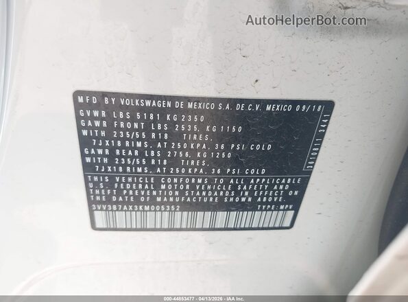 3VV3B7AX3KM005352 2019 VOLKSWAGEN TIGUAN White 