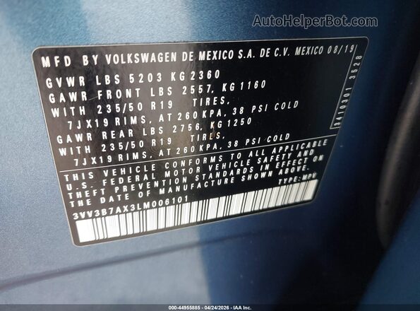 3VV3B7AX3LM006101 2020 VOLKSWAGEN TIGUAN Blue Engine compartment view