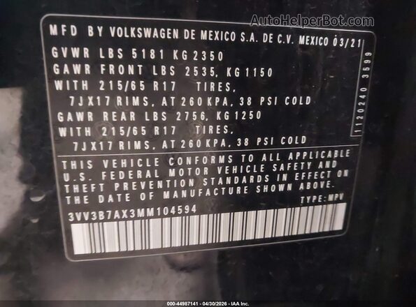 3VV3B7AX3MM104594 2021 VOLKSWAGEN TIGUAN Black 