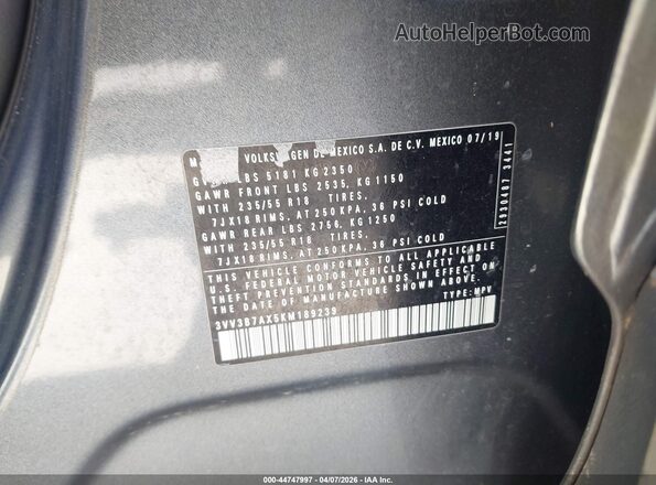 3VV3B7AX5KM189239 2019 VOLKSWAGEN TIGUAN Gray 