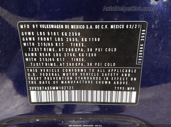 3VV3B7AX5MM102121 2021 VOLKSWAGEN TIGUAN Blue Շարժիչի բաժամունքի տեսք