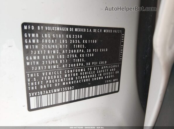3VV3B7AX5MM135507 2021 VOLKSWAGEN TIGUAN White Вид підкапотного простору