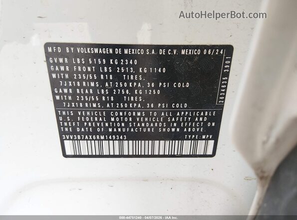 3VV3B7AX6RM149343 2024 VOLKSWAGEN TIGUAN White 