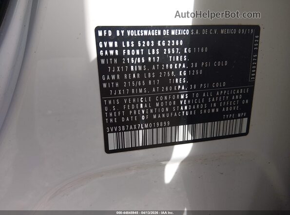 3VV3B7AX7LM019899 2020 VOLKSWAGEN TIGUAN White Շարժիչի բաժամունքի տեսք