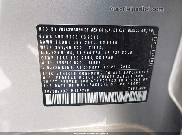 3VV3B7AX7LM167776 2020 VOLKSWAGEN TIGUAN Silver Widok komory silnika