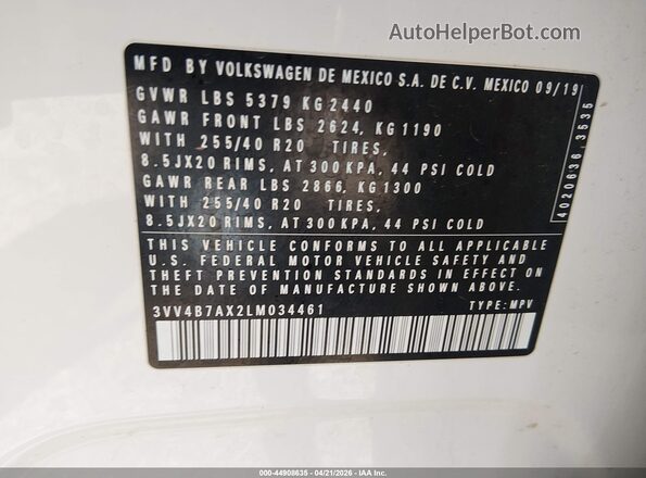 3VV4B7AX2LM034461 2020 VOLKSWAGEN TIGUAN White Вид підкапотного простору