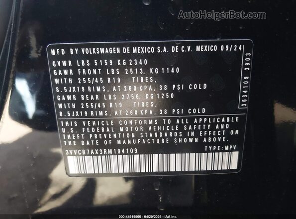 3VVCB7AX3RM194109 2024 VOLKSWAGEN TIGUAN Черный Вид подкапотного пространства