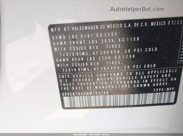3VVCB7AX5NM153748 2022 VOLKSWAGEN TIGUAN White 