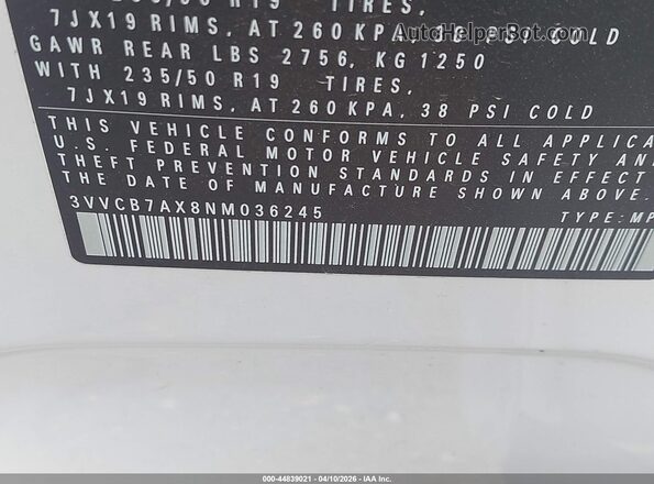 3VVCB7AX8NM036245 2022 VOLKSWAGEN TIGUAN White Вид підкапотного простору
