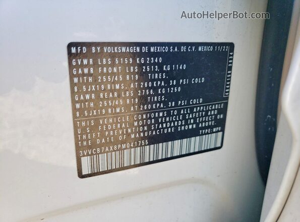 3VVCB7AX8PM041755 2023 VOLKSWAGEN TIGUAN White VIN კოდის სტიკერის ხედი