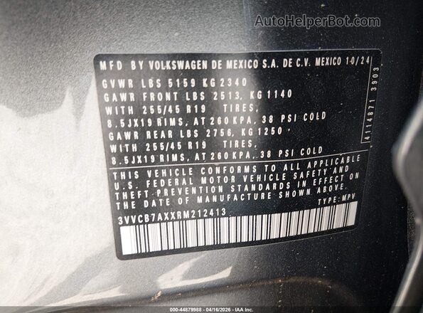 3VVCB7AXXRM212413 2024 VOLKSWAGEN TIGUAN Gray ძრავის განყოფილების ხედი