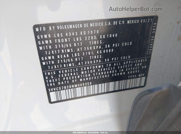3VVCX7B28NM009356 2022 VOLKSWAGEN TAOS Белый Вид подкапотного пространства
