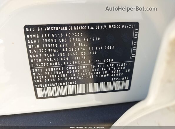 3VVLR7RM7SM053037 2025 VOLKSWAGEN TIGUAN Белый 